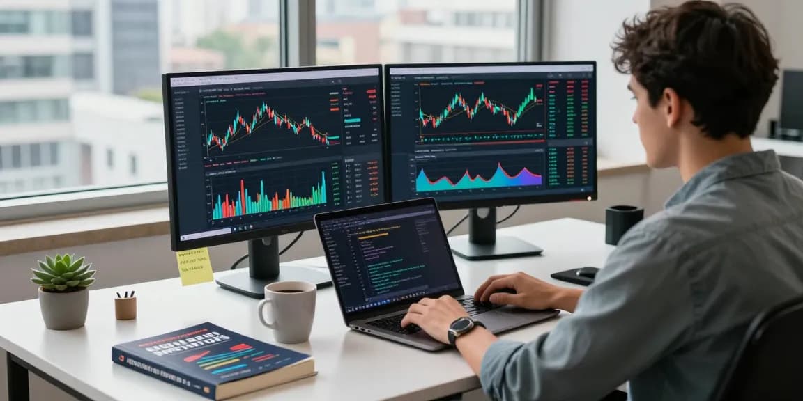 Developer analyzing quantitative trading data feed in a modern fintech workspace with dual monitors and natural light.