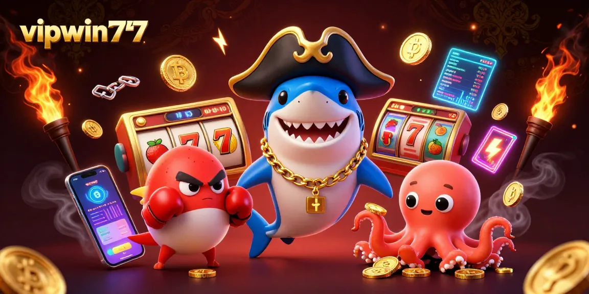Engage with vipwin777 through a vibrant 3D illustration featuring playful casino characters and crypto elements.
