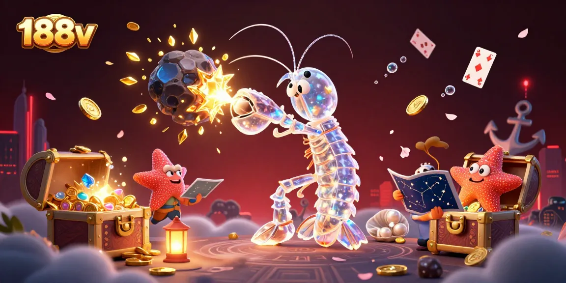 Illustration depicting 188v's unique gaming experience with vibrant 3D characters amidst floating treasures.