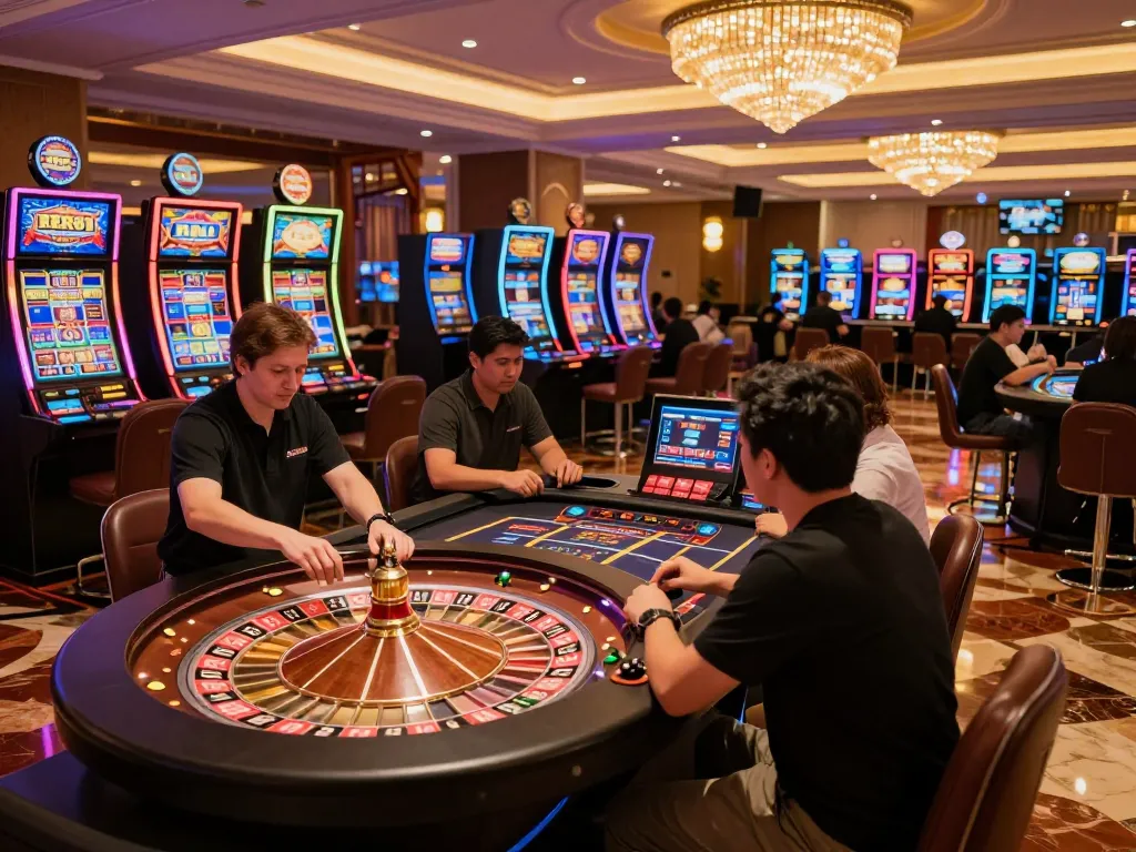 RR88 players cheering as the roulette wheel spins in a vibrant casino atmosphere.