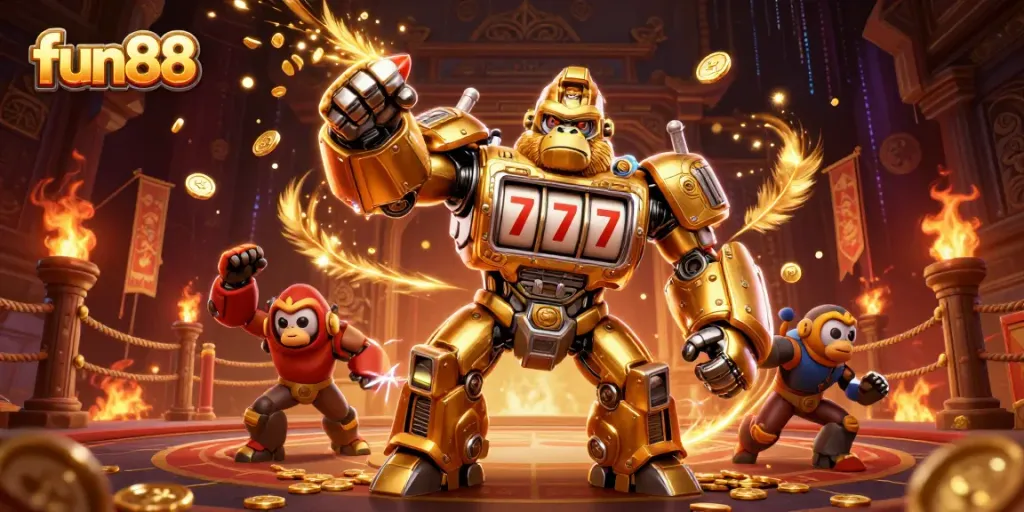 Experience fun88's thrilling gaming atmosphere with a golden gorilla mech and vibrant casino elements.