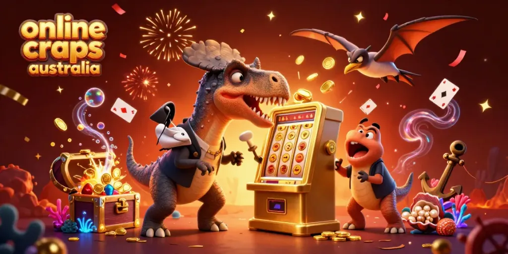 Experience thrilling online craps Australia action with cartoon dinosaurs in a vibrant casino scene.