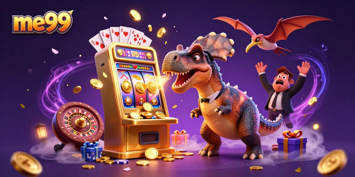 me99 casino illustration of a dinosaur hitting a slot machine while golden coins fly around