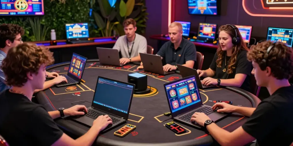 Engaged players enjoying thrilling online games at FIVE88's vibrant platform, showcasing live dealers and interactive gameplay.