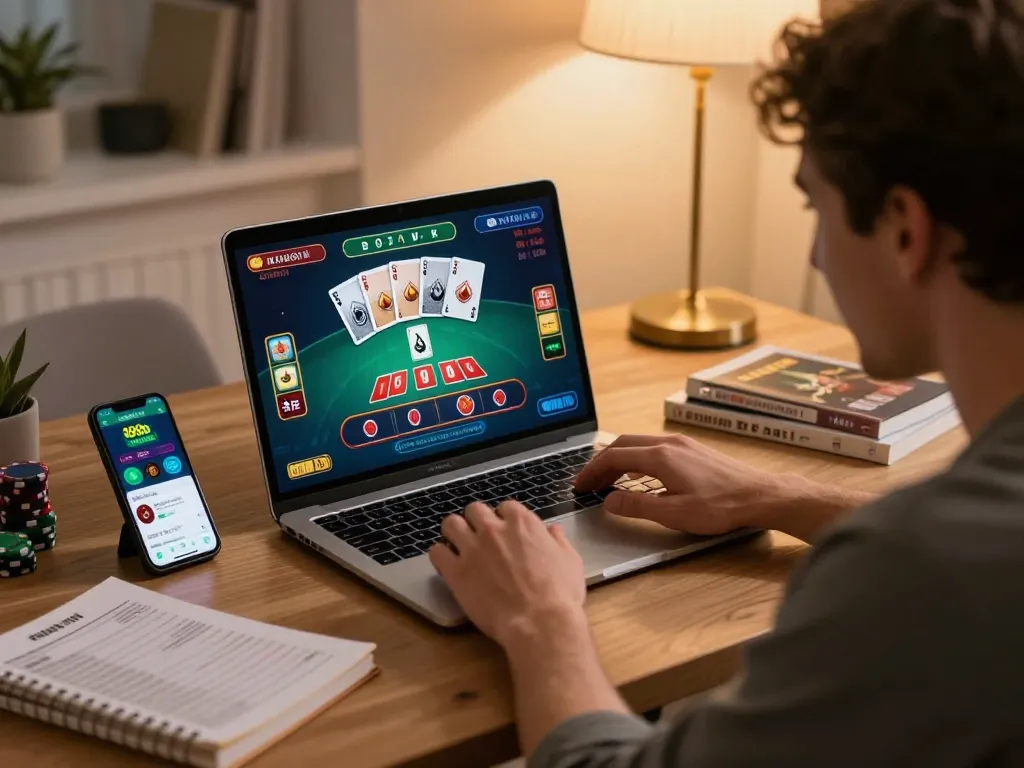 Player enjoying live dealer blackjack on 888b app at home workstation, showcasing vibrant game interface.