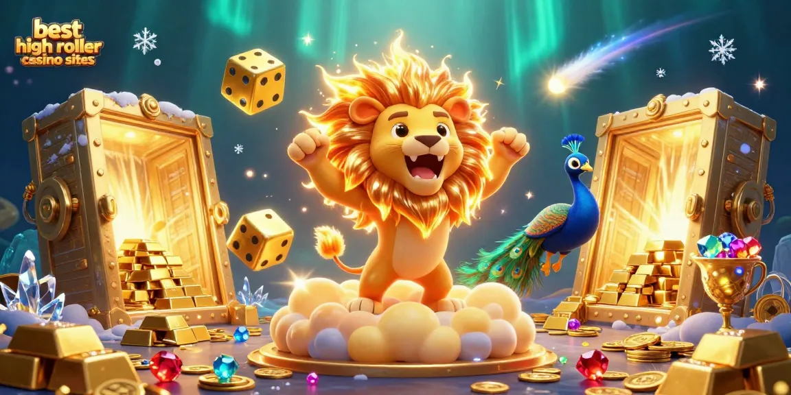Experience the excitement of the best high roller casino sites with a roaring lion and golden treasures.