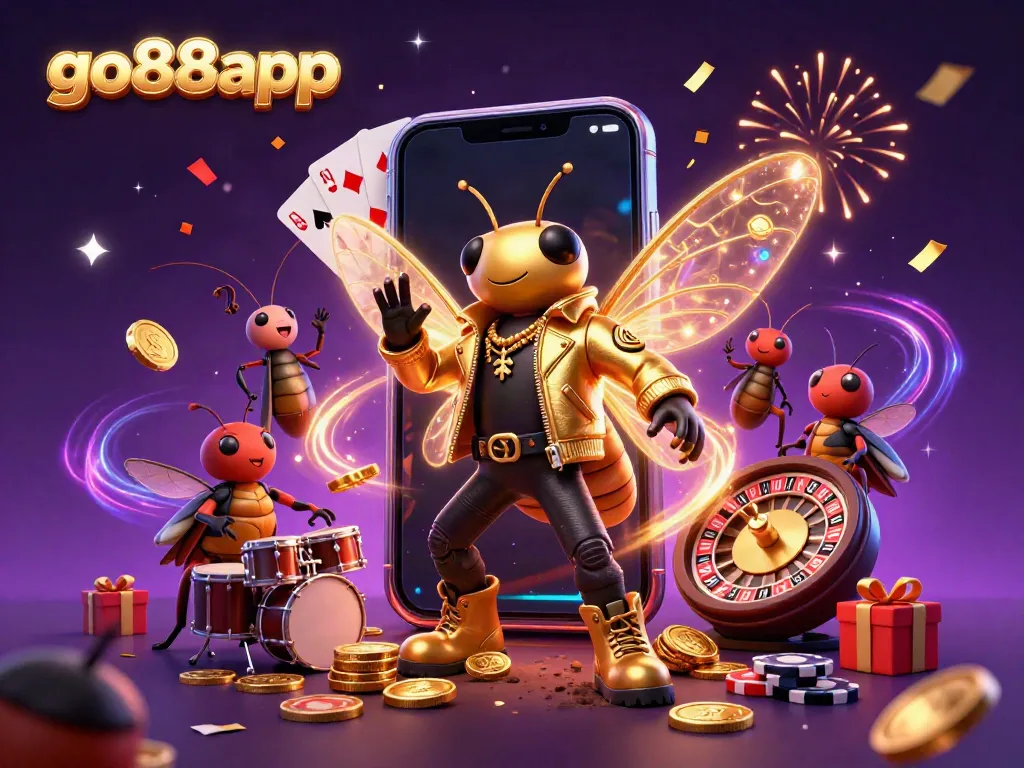 Experience thrilling gameplay at go88app with a vibrant scene of a rock star cicada and casino elements.