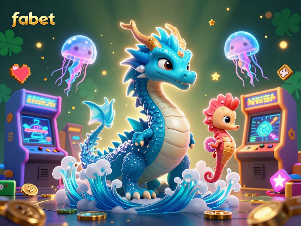 Engage in the fabet gaming universe with a thrilling 3D scene of a water dragon and magical seahorse amidst arcade excitement.