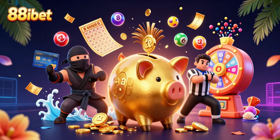 Spinning vibrant prize wheel and 88ibet's golden piggy bank sumo character rewarding gamblers with excitement.