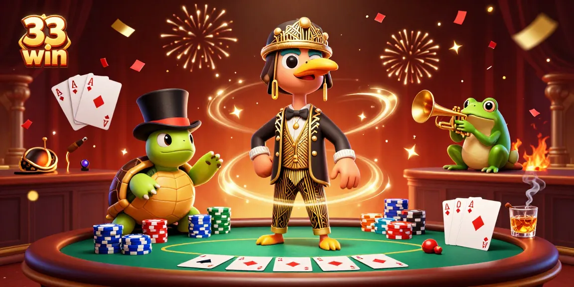 Engage in thrilling gameplay with 33 win as iconic characters enjoy a vibrant casino atmosphere surrounded by poker action.