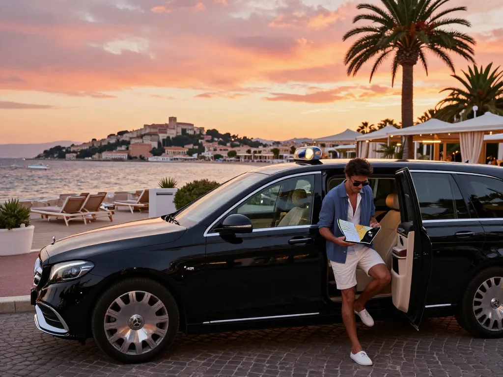 Transfert de luxe Taxi Saint Tropez avec une toile de fond côtière pittoresque, voyageur élégant arrivant avec style.