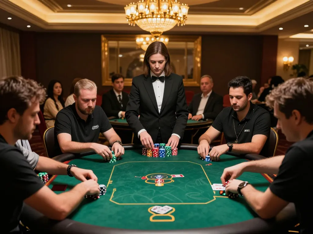 Pemain di meja poker ROKOK88 terlibat dalam permainan tinggi, menunjukkan strategi dan kegembiraan.