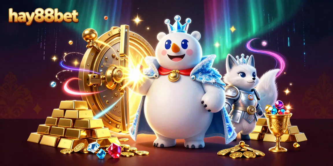 Engage in thrilling gameplay at hay88bet with a vibrant illustration of a jackpot scene, showcasing a polar bear ice king and treasure-filled vault.