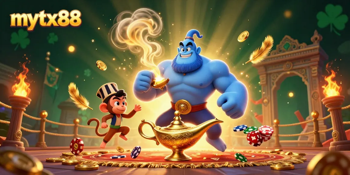 Experience the excitement at mytx88 with a genie and magical casino elements in this vibrant illustration.