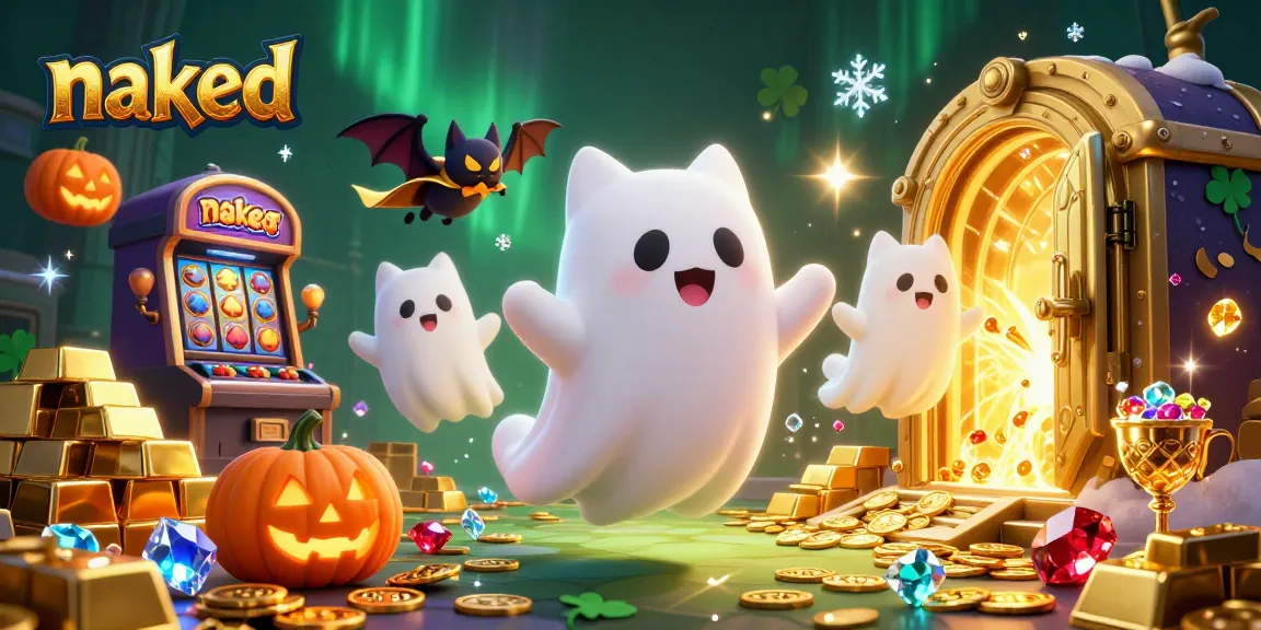 Catch the naked ghost cat winning at the haunted casino with sparkling treasure and glowing gems.