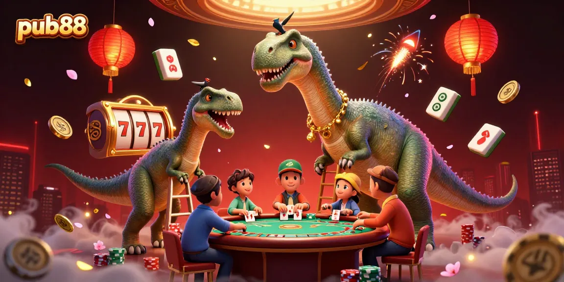 Experience excitement at pub88 with a vibrant 3D casino scene featuring a giant dinosaur interacting with poker players.