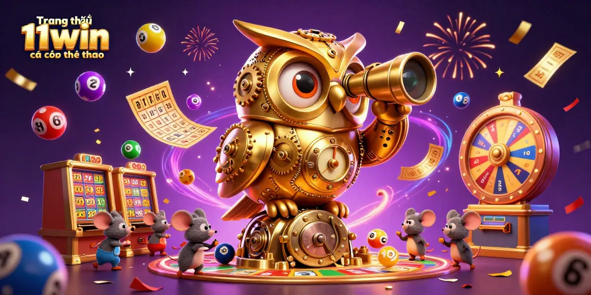 Engage with Trang chủ 11win cá cược thể thao featuring an enchanting 3D scene with a golden owl and colorful lottery elements.