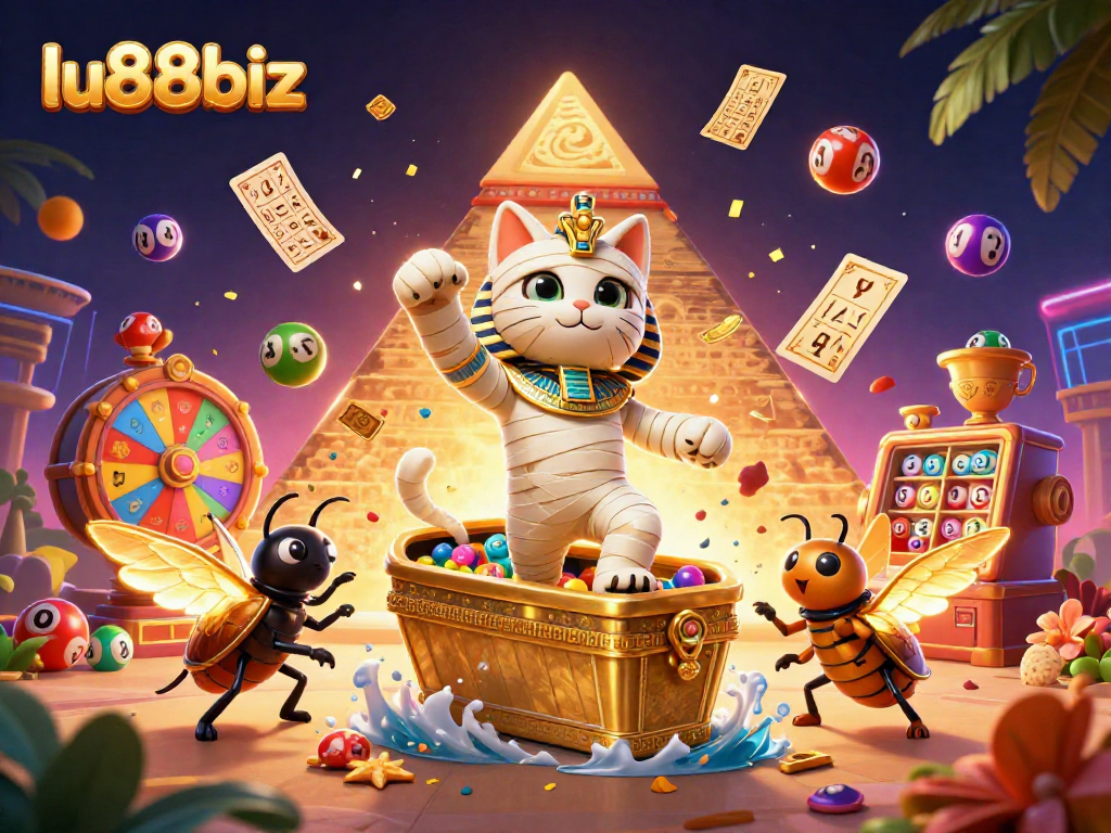 Win big at lu88biz with the striking mummy cat and golden sarcophagus in a casino scene.