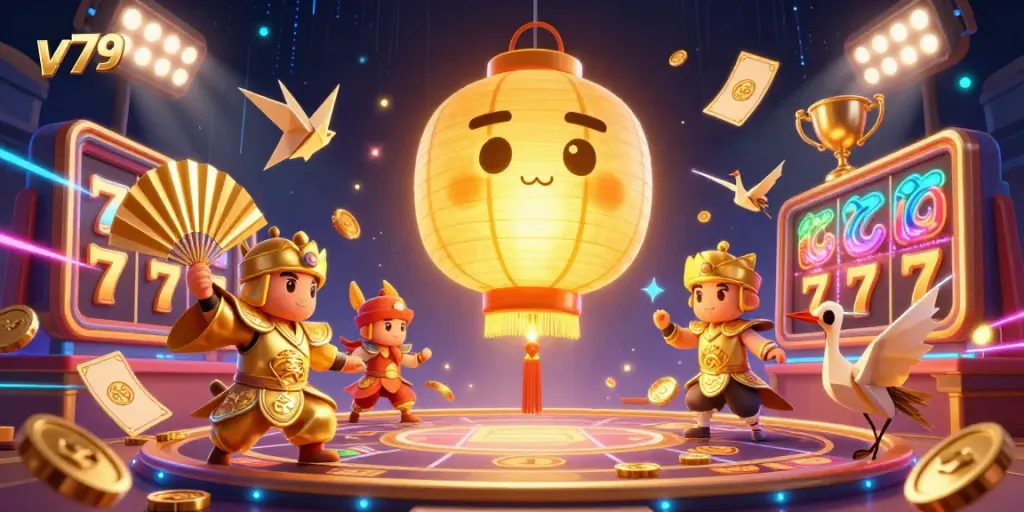 Experience the excitement of v79 casino with vibrant golden characters and dynamic gaming elements.