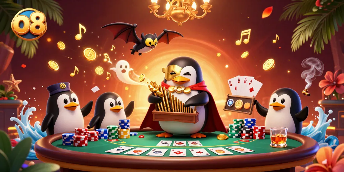 Experience the thrill of o8 with the phantom penguin playing for big poker wins in a vibrant casino.
