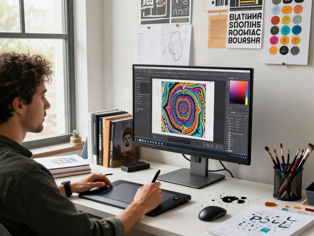 A graphic designer enhancing images through image to image techniques in a vibrant digital art studio.