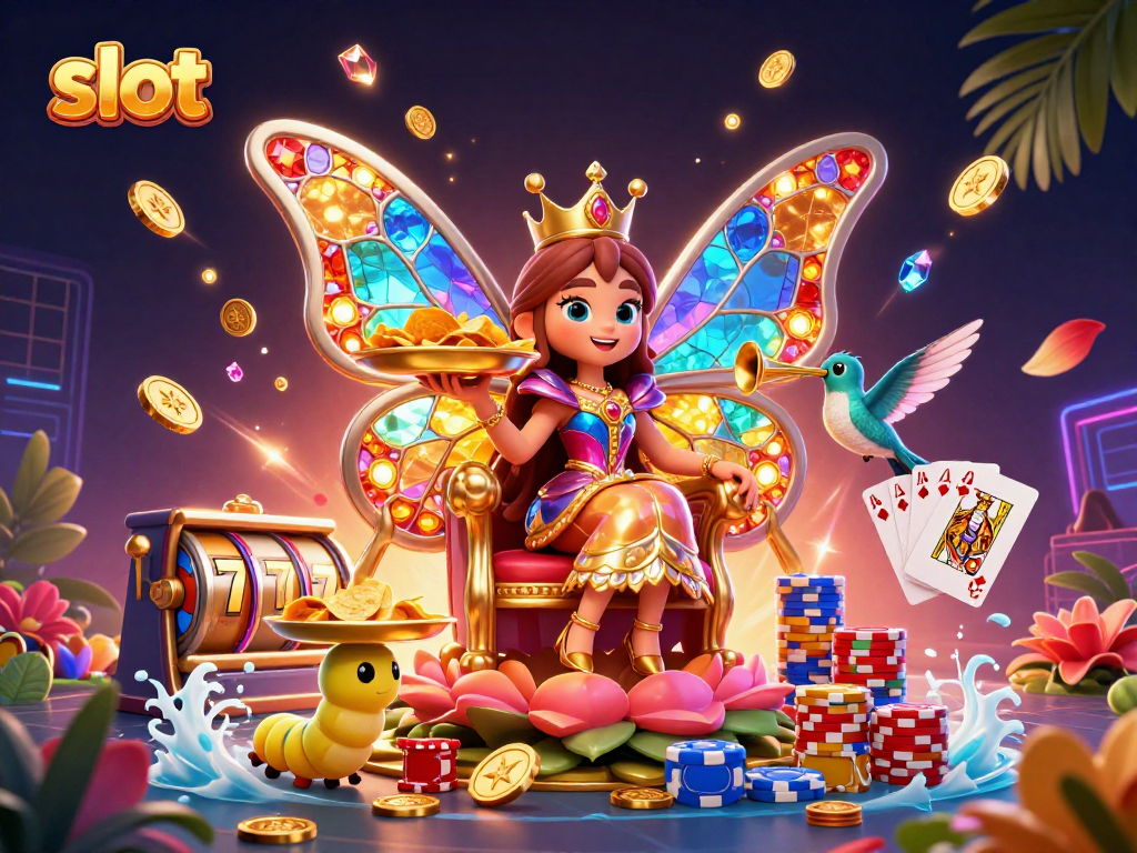 Spin the slot reels and win with vibrant casino elements in this enchanting 3D scene.
