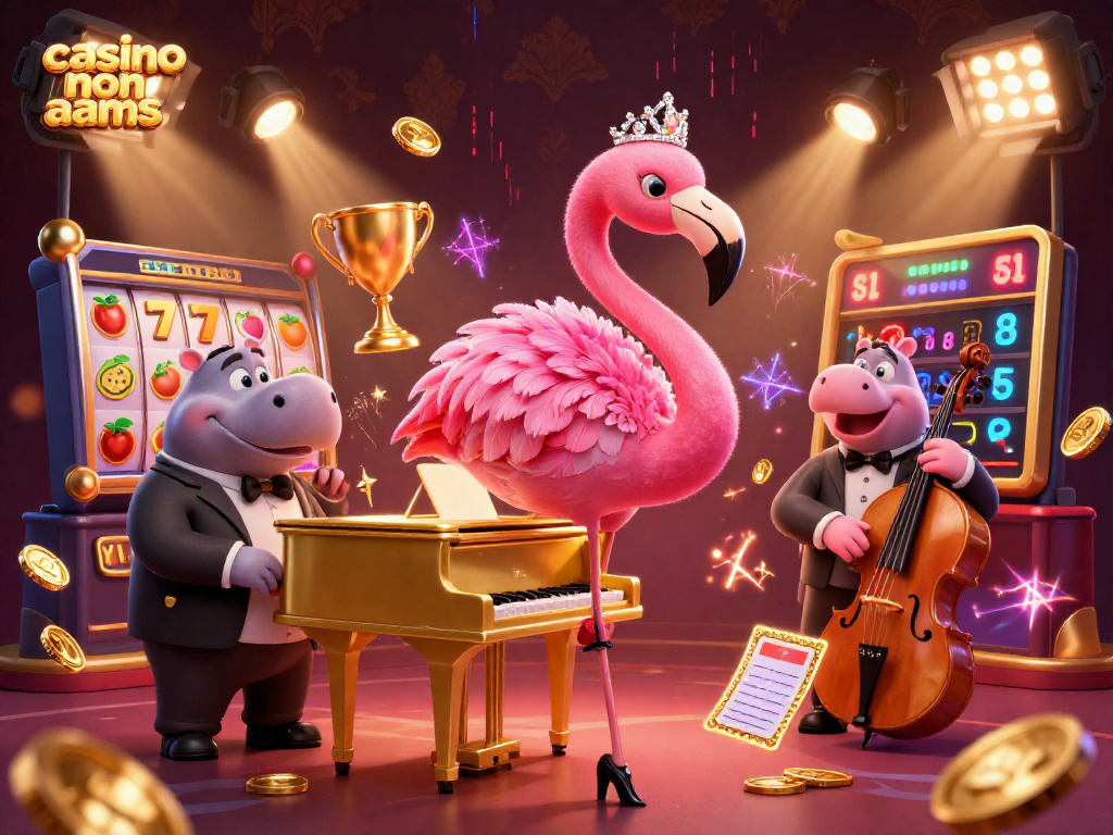 Rendi unica la tua esperienza al casino non AAMS con la cantante flamingo e il bassista ippopotamo in un ambiente festoso.