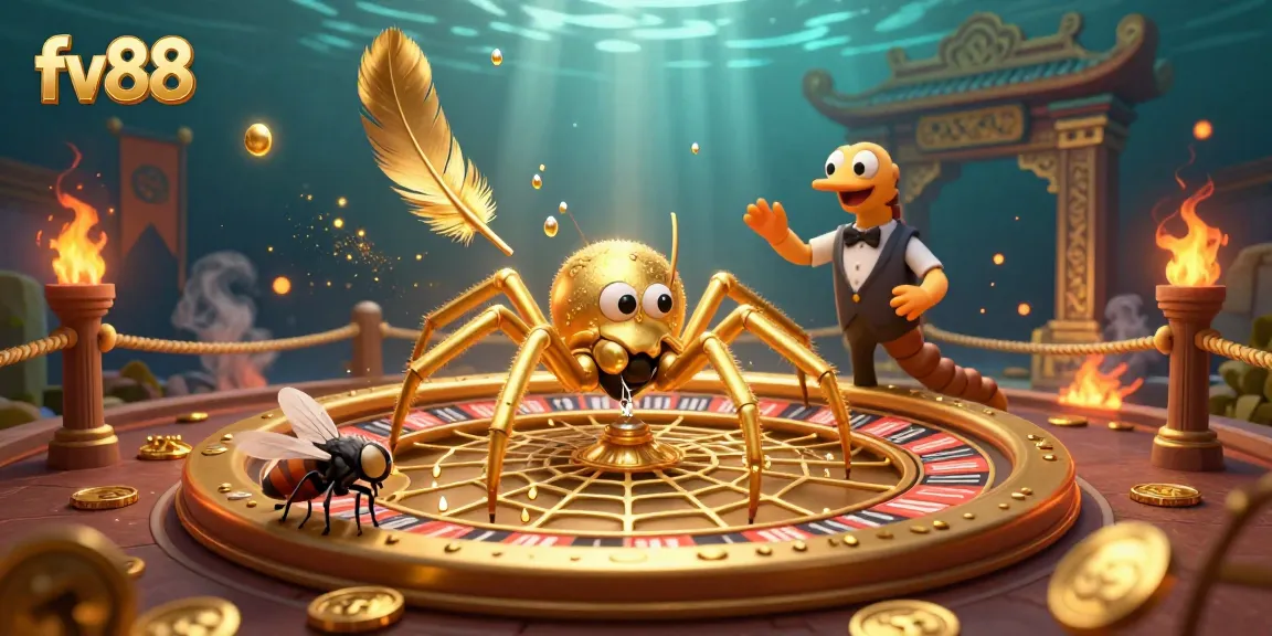 Engage in thrilling bets at FV88 with a golden spider spinning a roulette web to win big!
