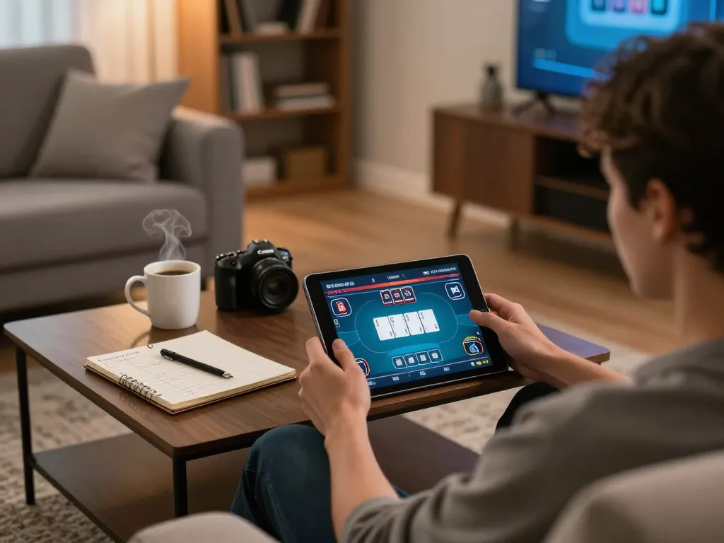 Engaging in online casino gameplay, showcasing gamebaidoithuong8 on a tablet for strategic poker betting.