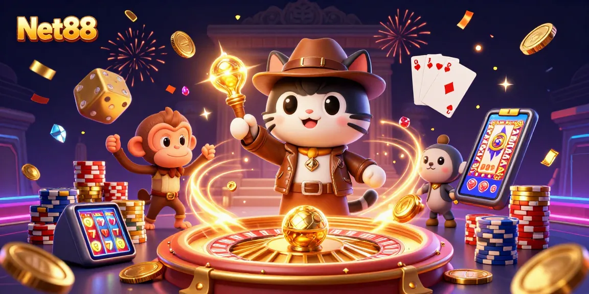 Experience thrilling wins with Net88 as the explorer cat and monkey discover gold and casino treasures.