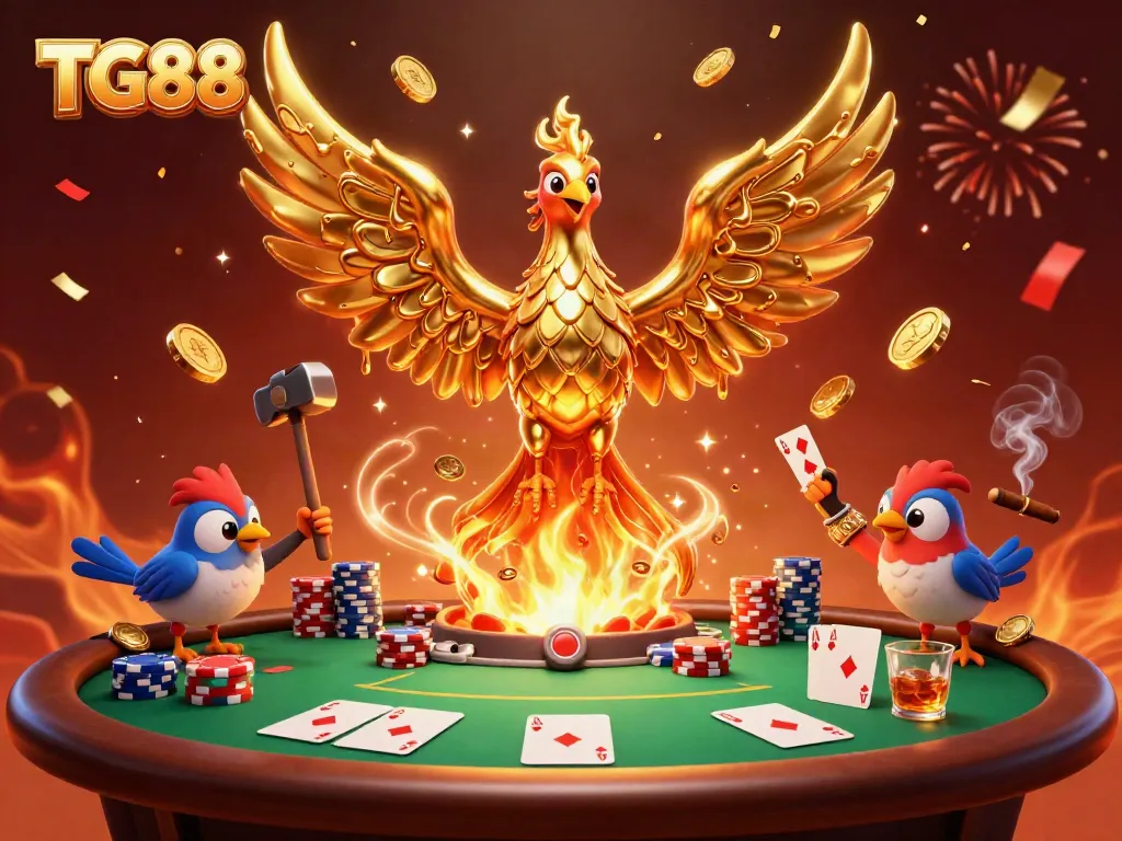 Experience TG88's thrilling casino scene with a golden phoenix and poker elements.