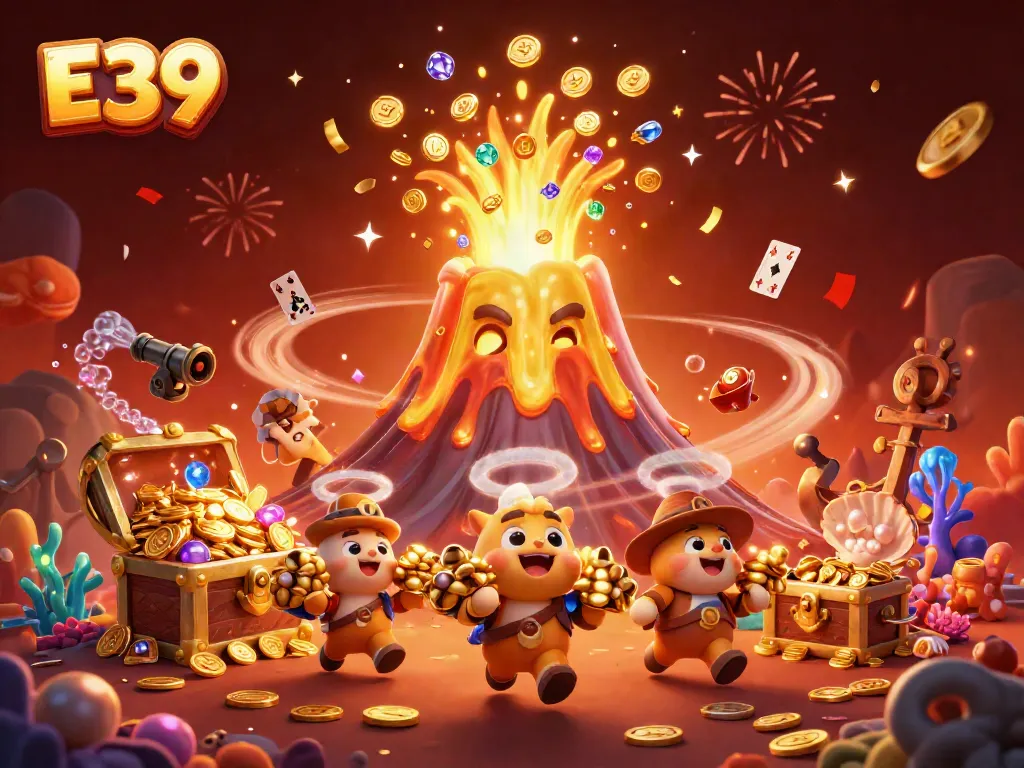 E39 casino explosion with golden volcano erupting and treasure-chasing animals in a vibrant gaming scene.