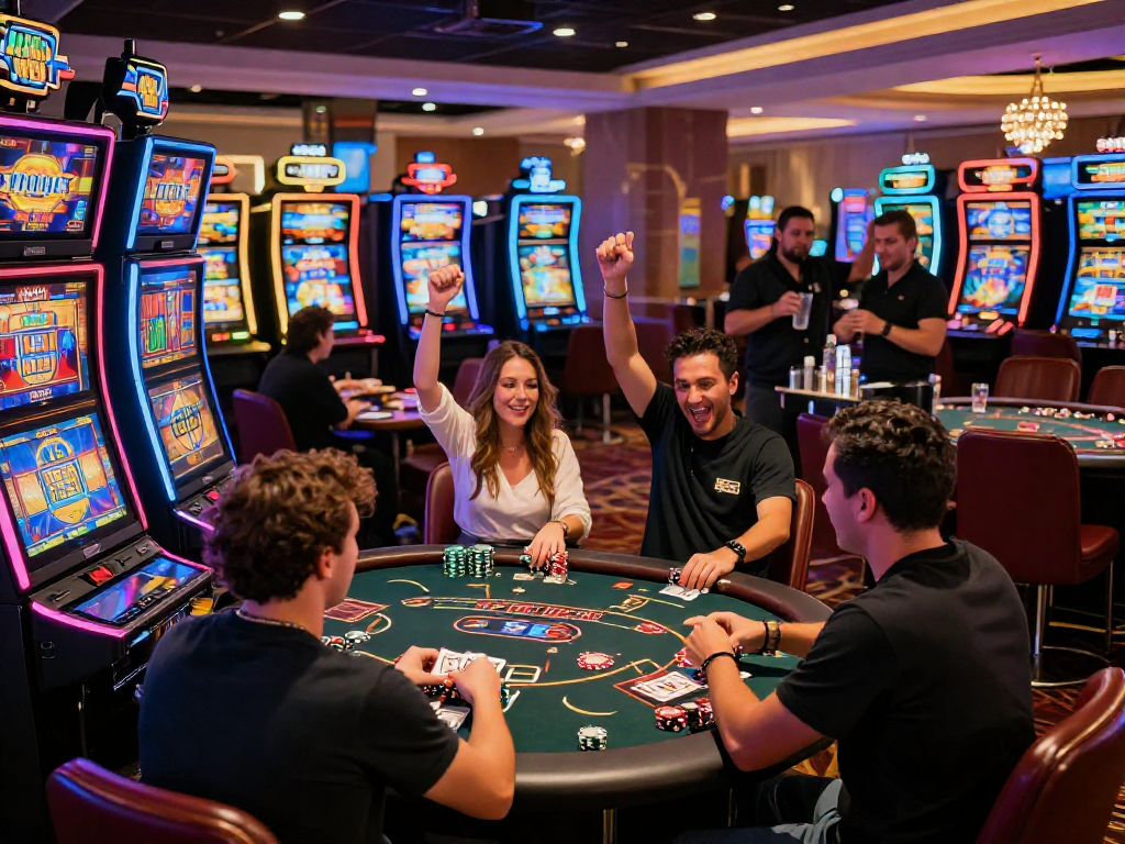 Giocatori entusiasti al casinò non AAMS, vincite, luci e atmosfera vivace.
