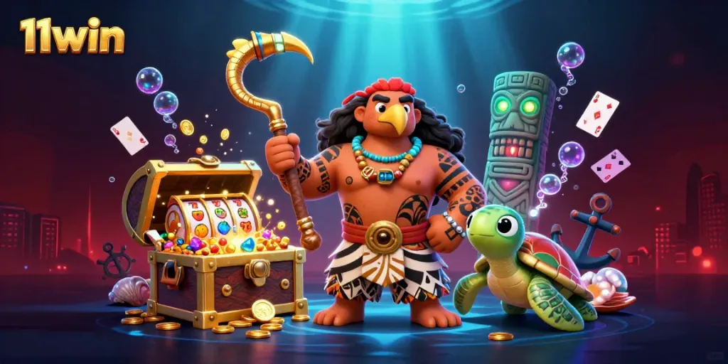 Spin the wheel of fortune with 11win's vibrant casino-themed illustration showcasing exciting gameplay elements.