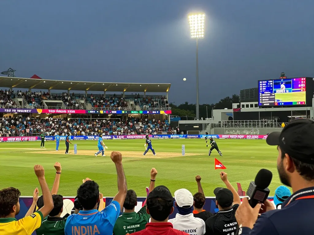 Crowd cheering during crickex betting live match at T20 World Cup 2026, with players on the field and vibrant stadium atmosphere.