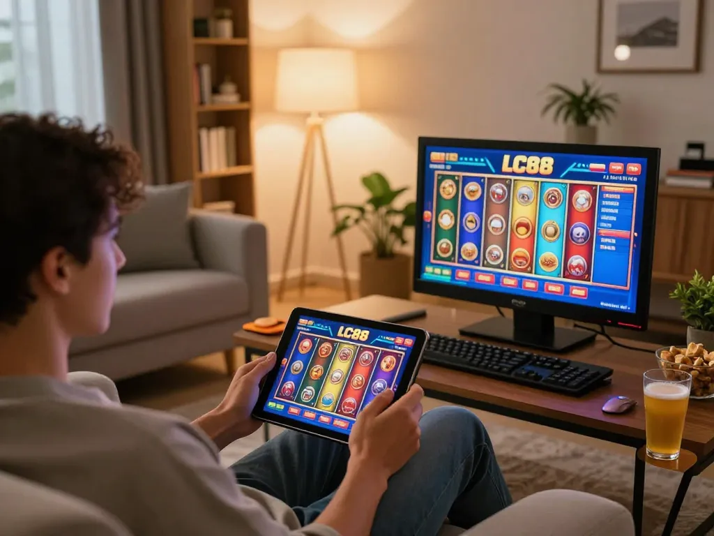 Person engaging with LC88 slots on a tablet in a cozy home setup, emphasizing online gaming