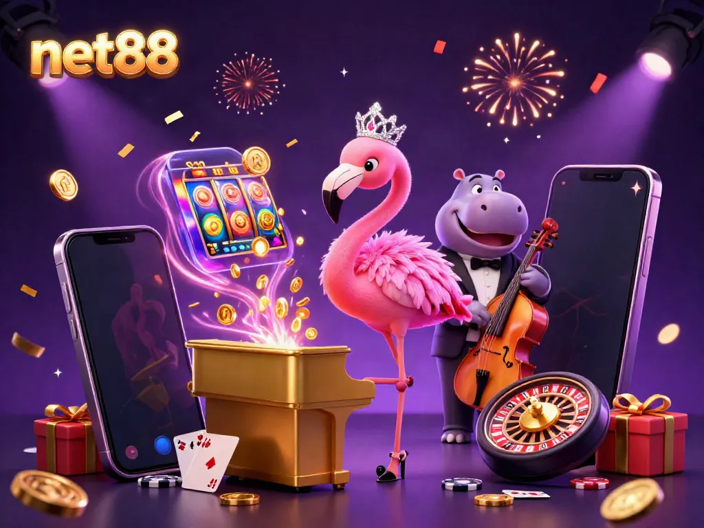 Experience the excitement of net88 with a vibrant casino scene featuring a flamingo singer and a hippo bassist.