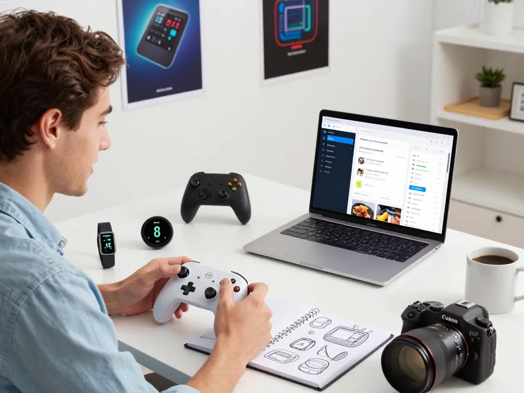 Excited professional testing must-have tech gadgets in a bright, organized workspace.
