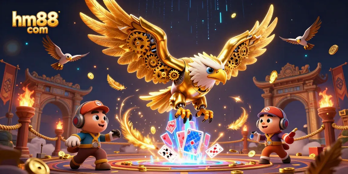 Engage in thrilling gameplay at hm88 com with a cybernetic eagle diving through holographic cards.