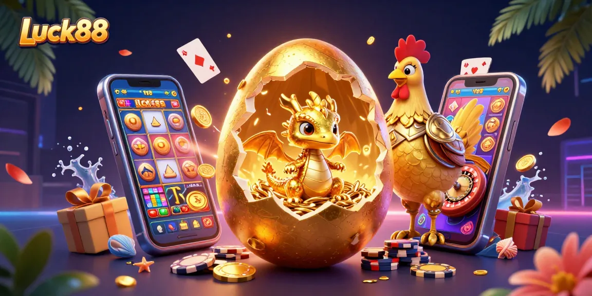 Experience thrilling gameplay with Luck88 as a golden dragon emerges from a treasure of poker chips.