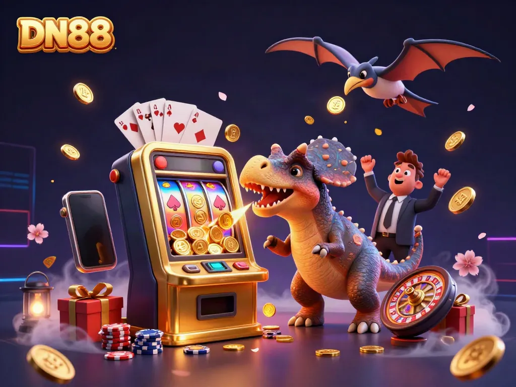 DN88 features a cartoon scene with dinosaurs celebrating a slot jackpot, showcasing vibrant casino elements.
