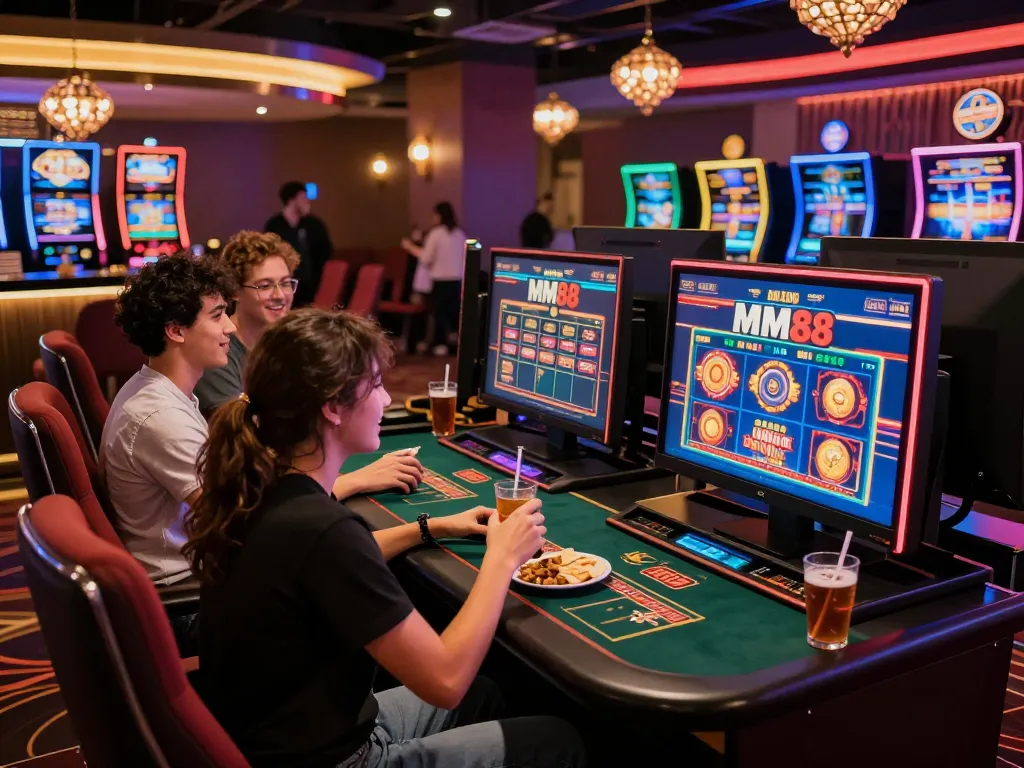 Friends enjoying the MM88 online casino experience with drinks and snacks in a vibrant atmosphere.