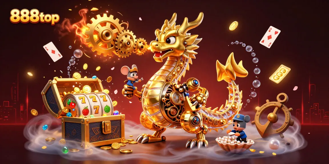 Engage with 888top's thrilling casino gaming scene featuring golden dragon, cogs, and slot elements.