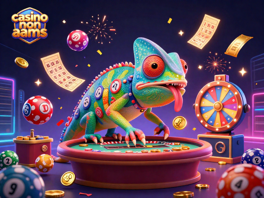 Vincere nel casino non AAMS: camaleonte proprietario circondato da elementi di gioco e premi scintillanti.