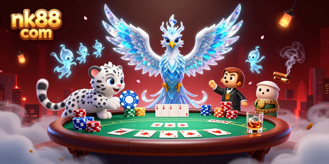Engage with thrilling action at nk88 com – witness a magical casino scene featuring a phoenix and poker elements.