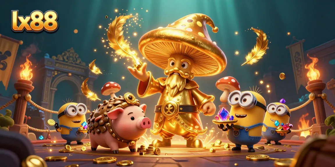 Engage with lx88's dynamic golden wizard and treasure-hunting companions in this vibrant 3D casino scene.