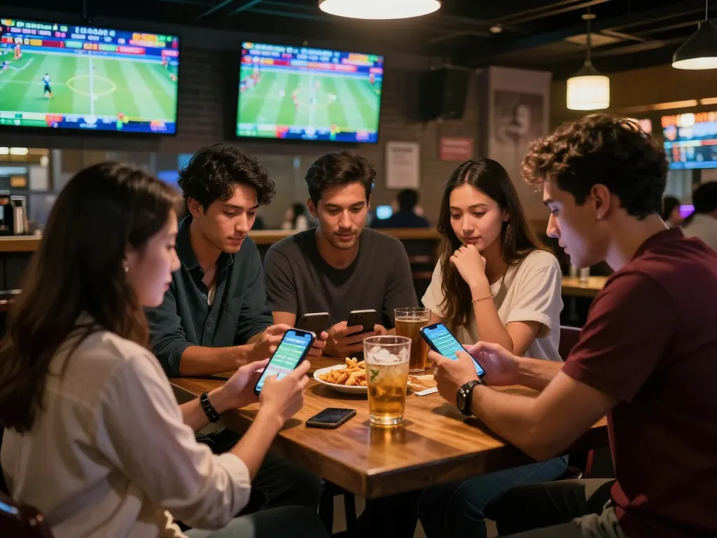 Engaging friends analyzing keonhacai tv sports odds in lively bar setting.