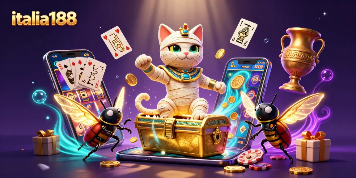 Italia188 mempersembahkan kucing mummy 3D dalam kasino piramida yang mempesona.
