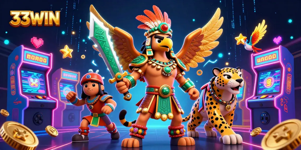 Experience thrilling gameplay at 33WIN with a vibrant 3D casino adventure featuring warriors and gaming icons.
