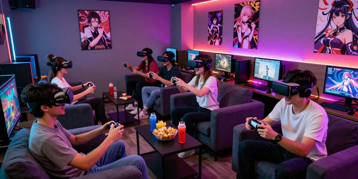 Players engaged in hentai games in a vibrant gaming lounge.